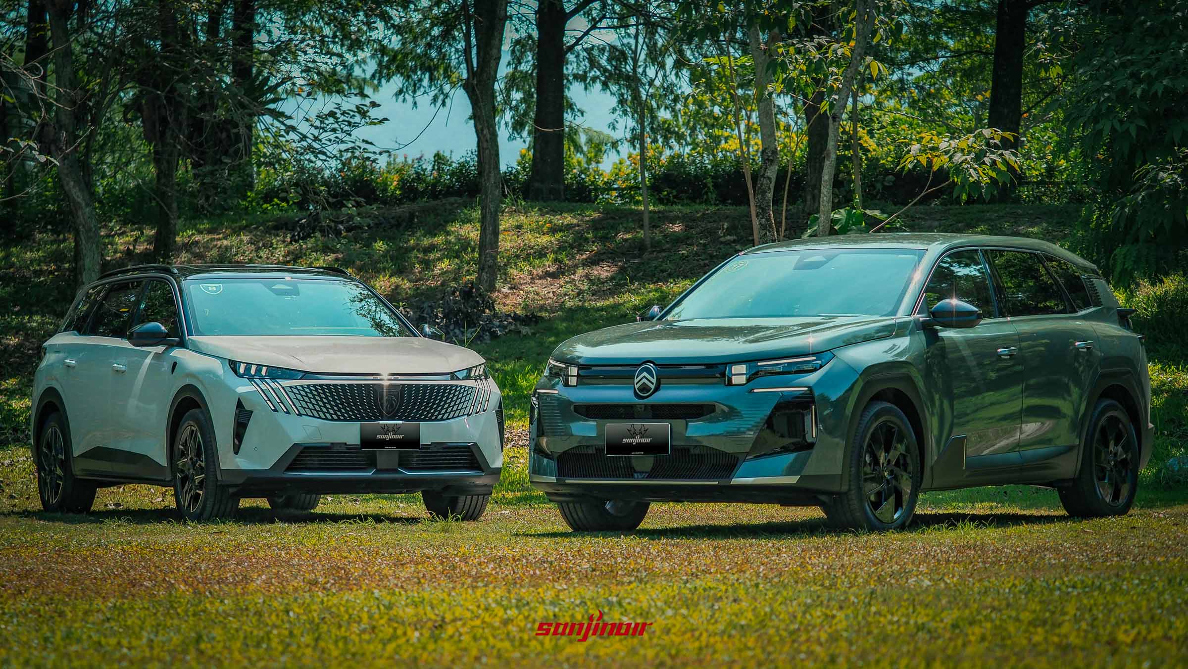 白色PEUGEOT 5008與綠色CITROËN C5 Aircross停放在綠色草地上的正面合照。