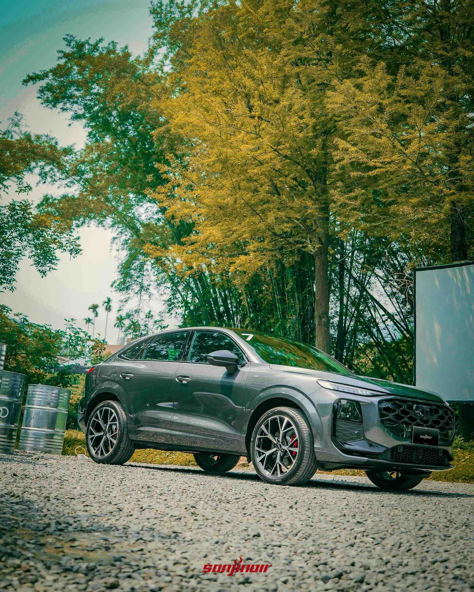 自低角度拍攝的Audi Q3側面與車頭，背景為高大的樹木與陽光。