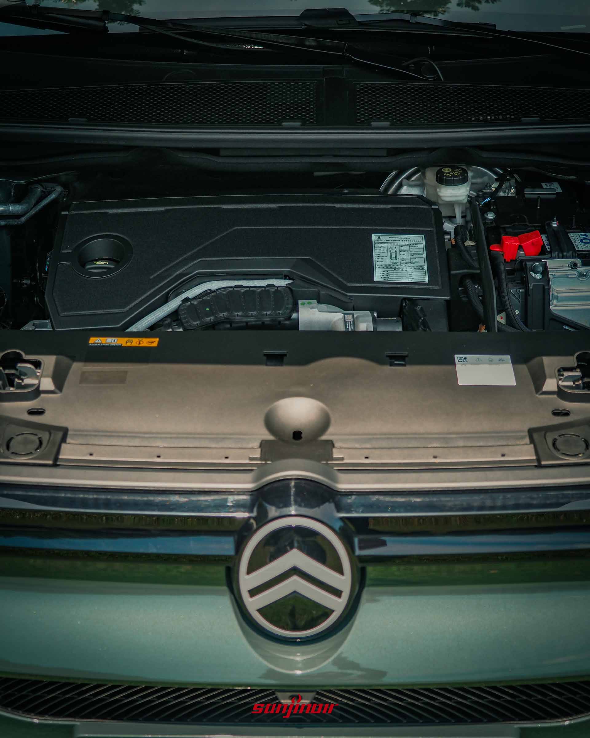 CITROËN C5 Aircross的引擎室特寫,展現其1.2升PureTech48V輕油電渦輪增壓動力系統,下方有CITROËN廠徽。