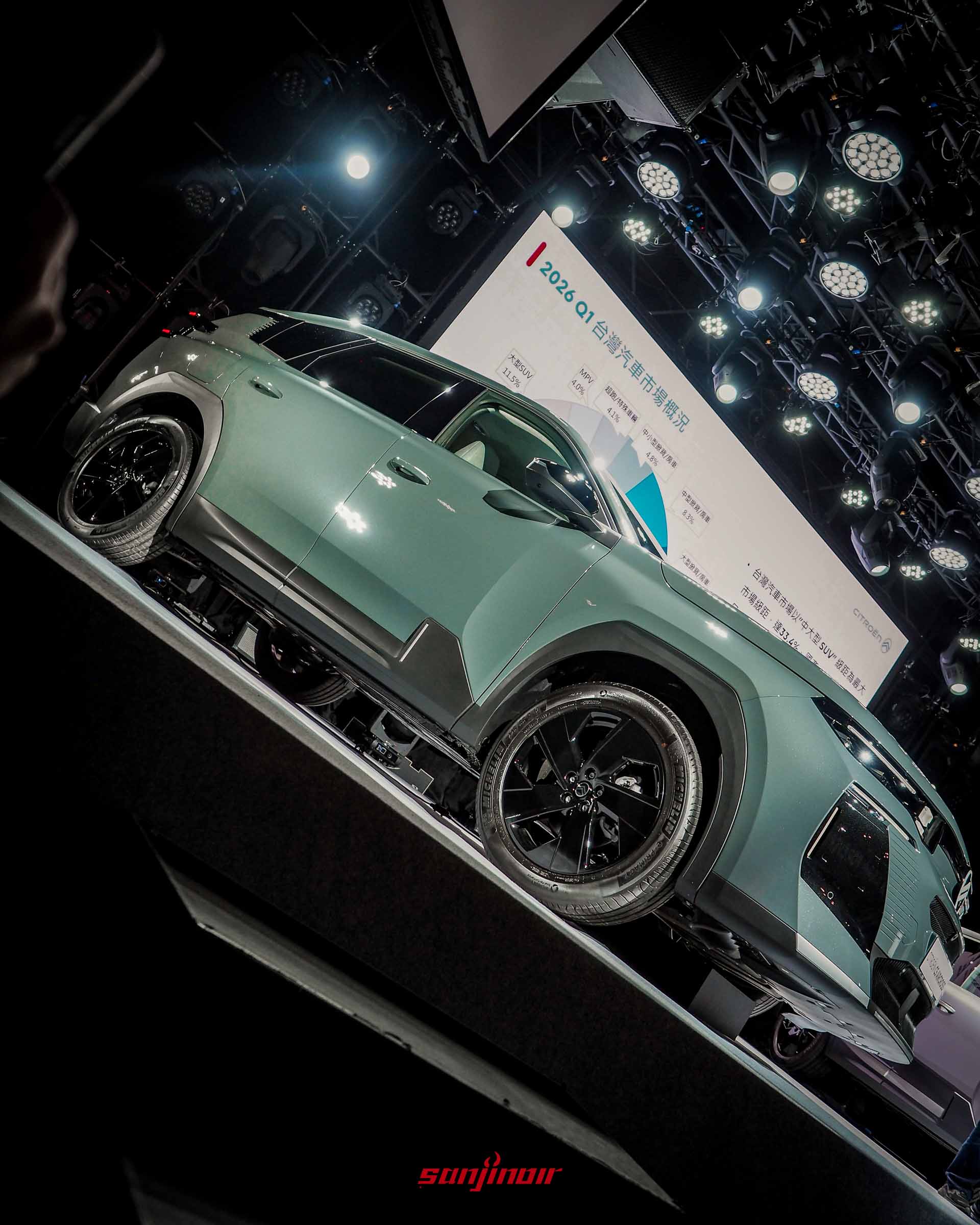 以傾斜視角拍攝的CITROËN C5 Aircross車側，後方螢幕顯示2026年Q1台灣汽車市場概況的圓餅圖數據。