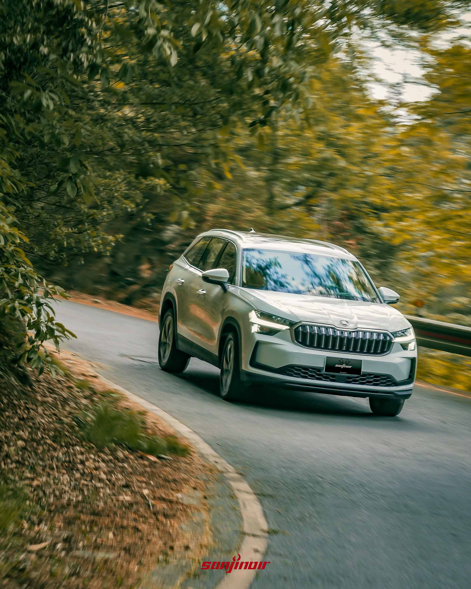 白色 Škoda Kodiaq 2.0 TSI 4×4 在蜿蜒山路上的追焦攝影照片，背景的樹林呈現動態模糊感以展現速度。