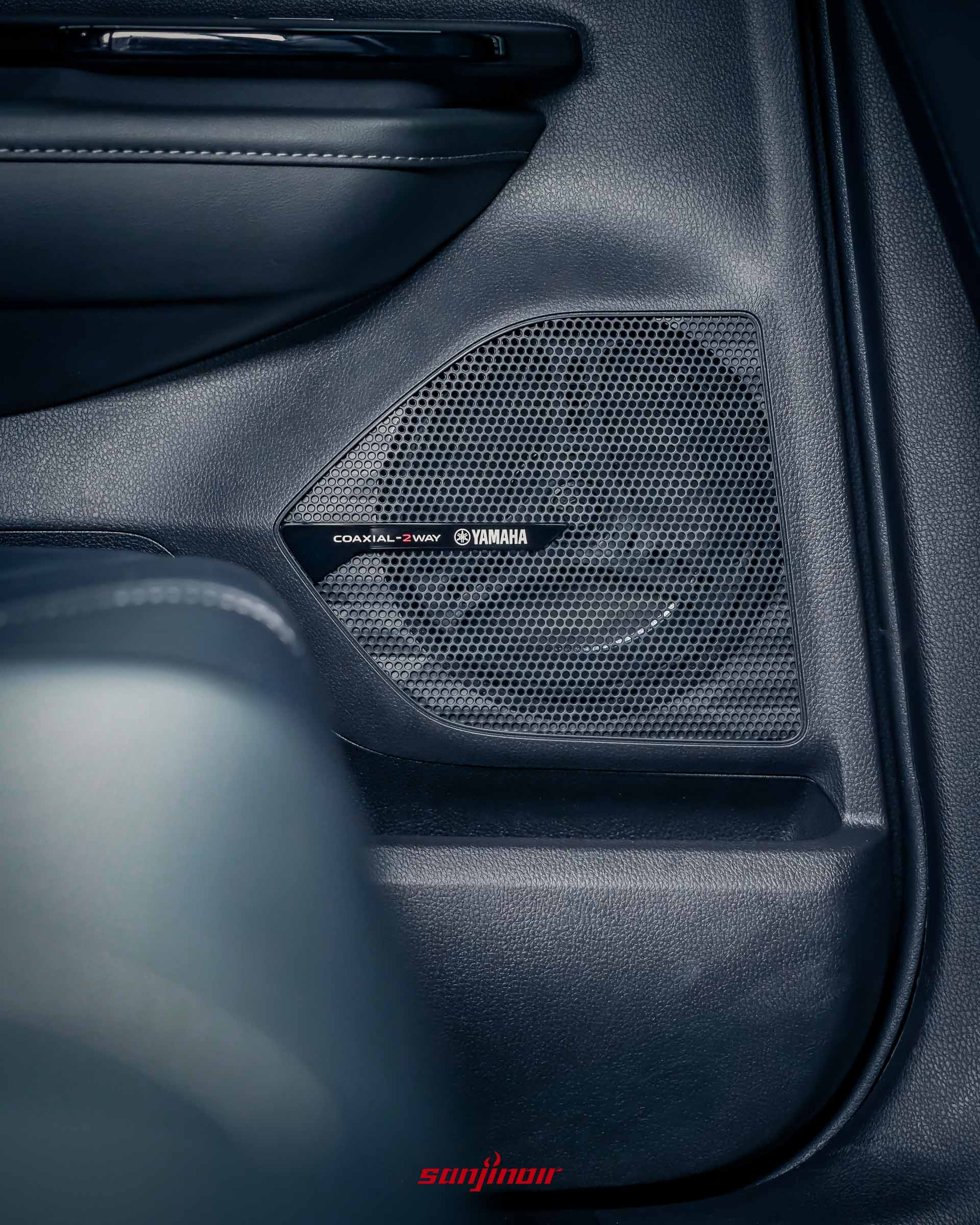 車門飾板上的Yamaha音響揚聲器特寫。