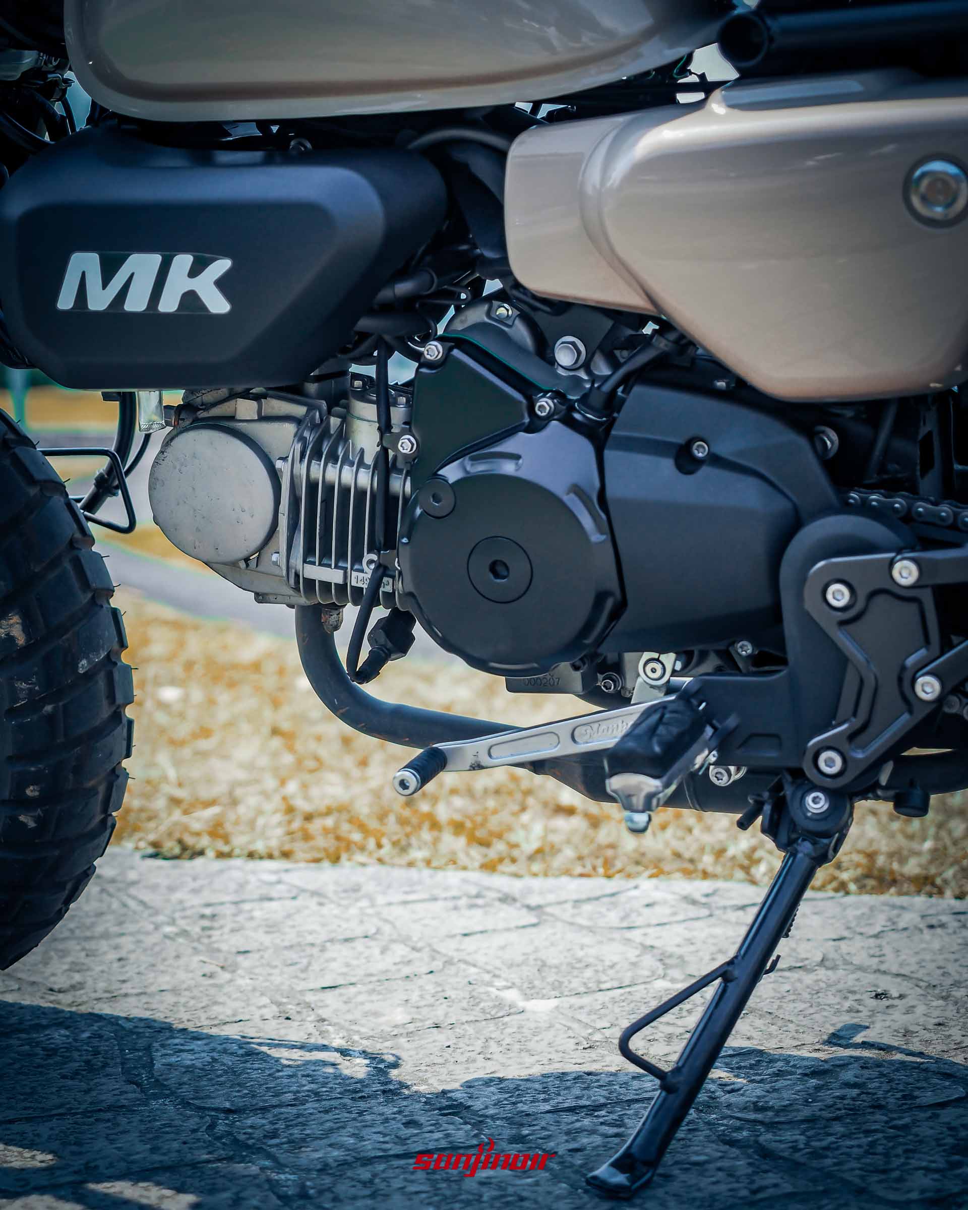 Aeontek MK150左側引擎特寫，展示氣冷單缸臥式引擎本體、打檔桿與側腳架。