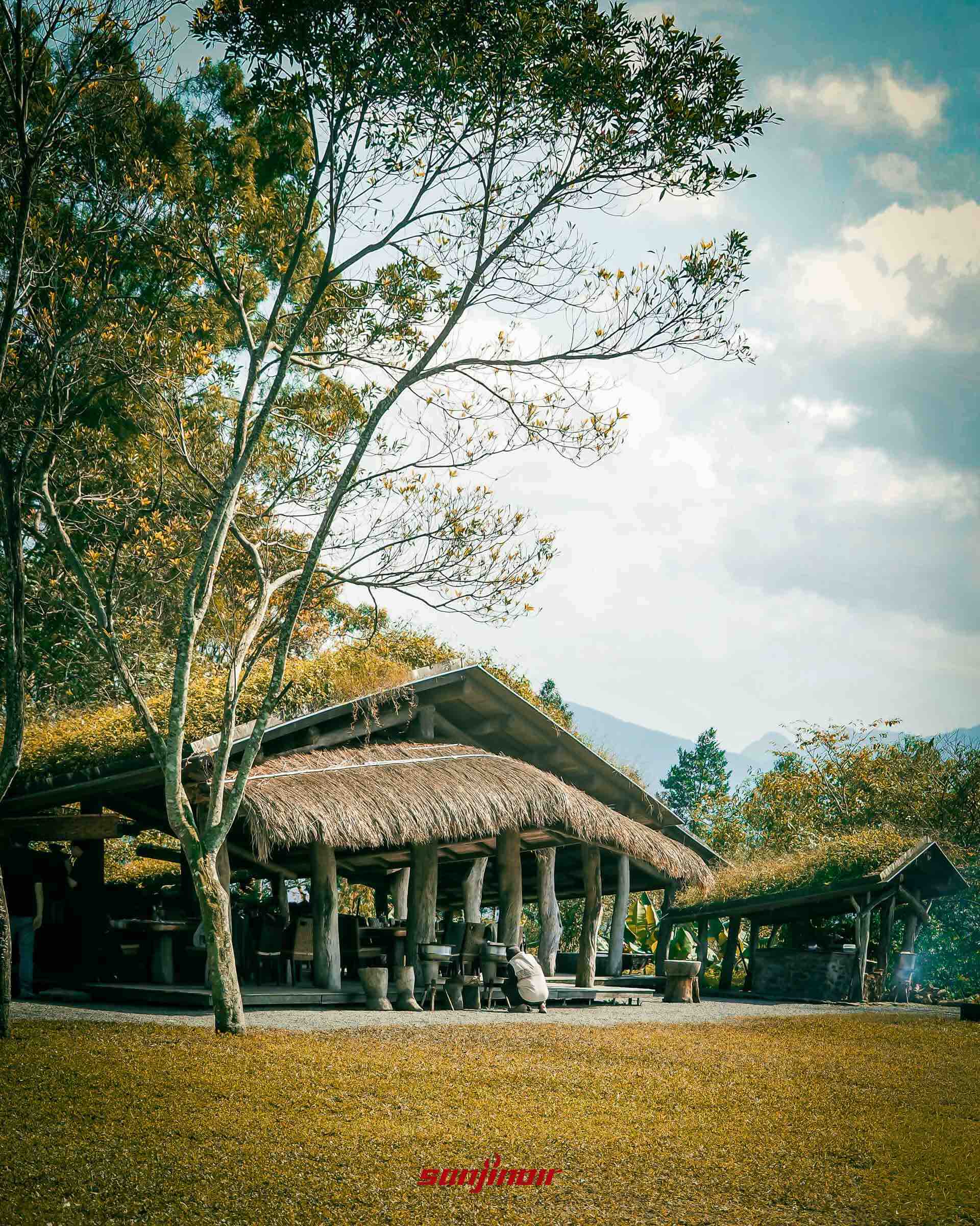 不老部落傳統茅草屋頂開放式涼亭四周環繞著草地與樹木。