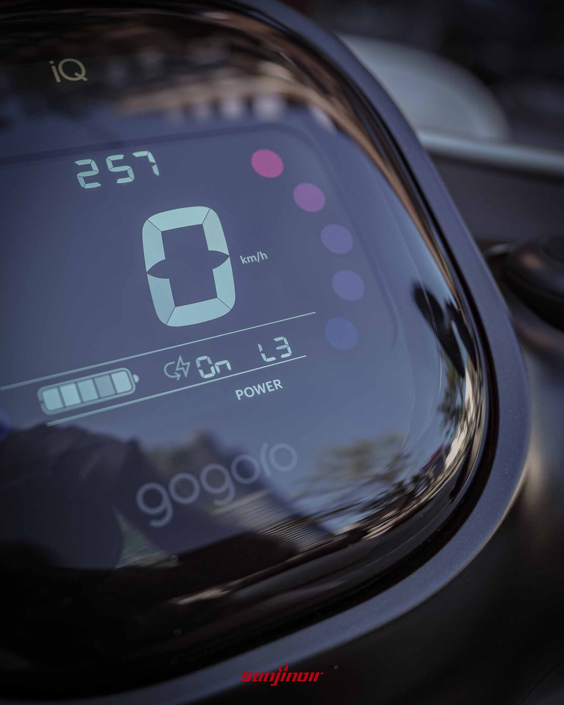 Gogoro Luna數位儀表板特寫,螢幕顯示時速0與POWER字樣。