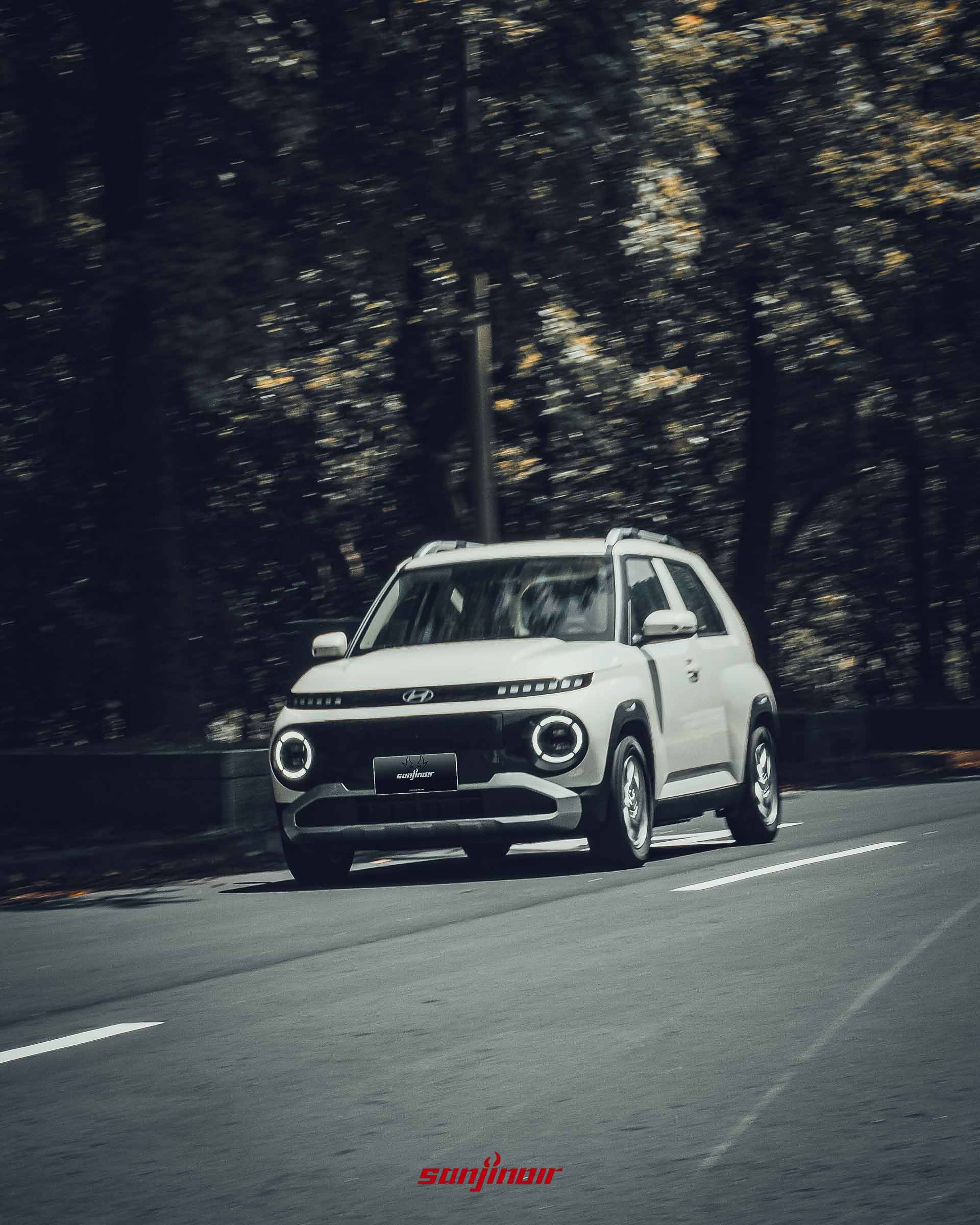 yundai Inster 動態行駛於山路的前側45度畫面。