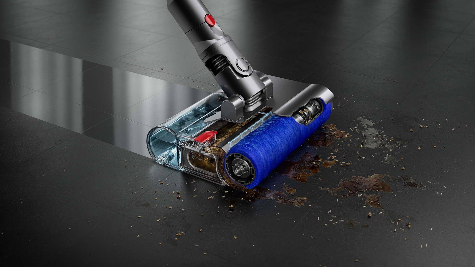 Dyson Submarine™洗地滾筒吸頭經過精密設計，結合清水箱、污水箱、滾筒，解決複合式清潔工具棘手的保養問題，同時輕鬆應對各種地面髒污。