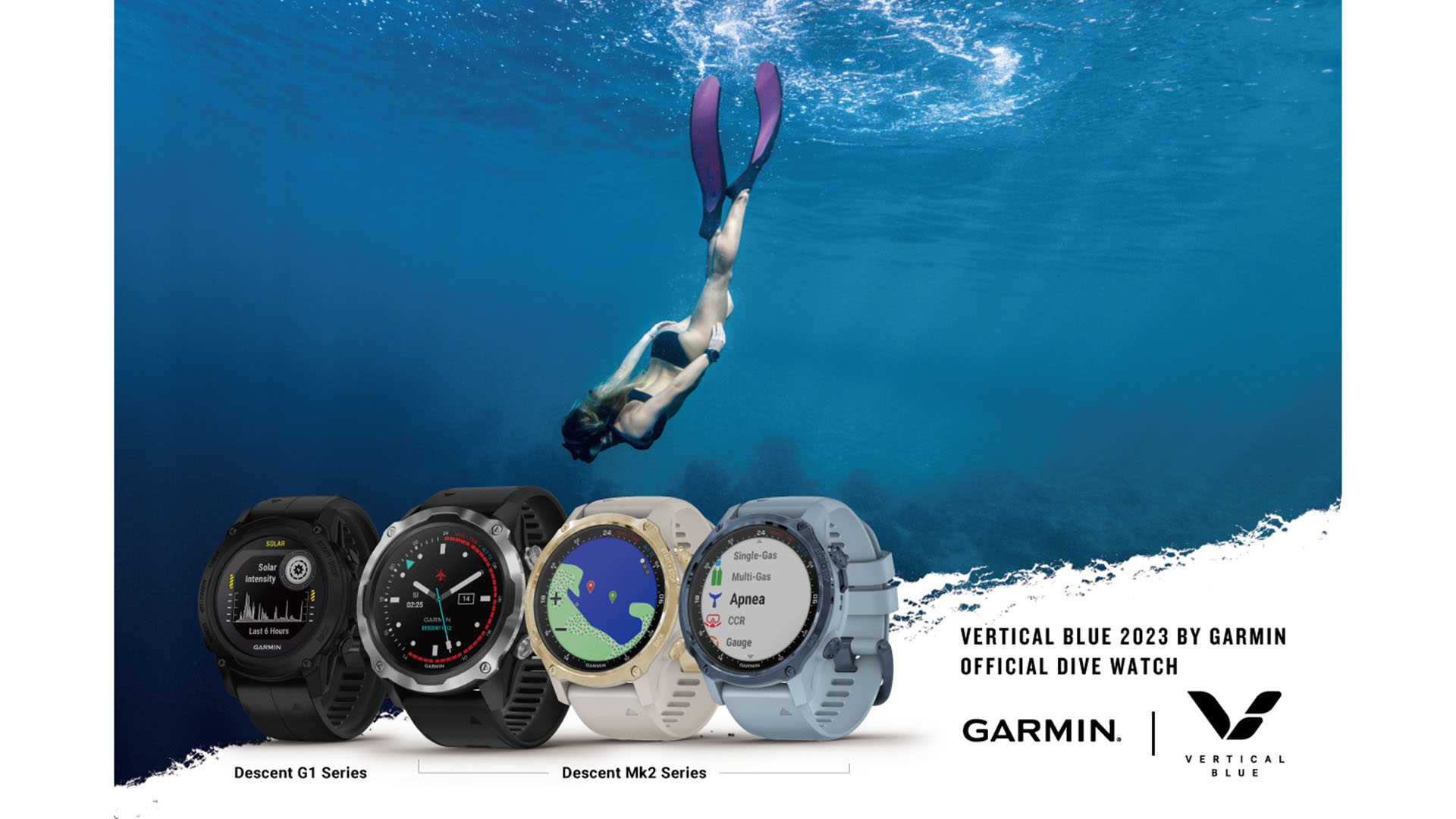Garmin Descent系列潛水電腦錶將作為2023 Garmin垂直藍洞比賽官方賽事用錶，成為頂尖選手及戒護團隊的安全後盾。1